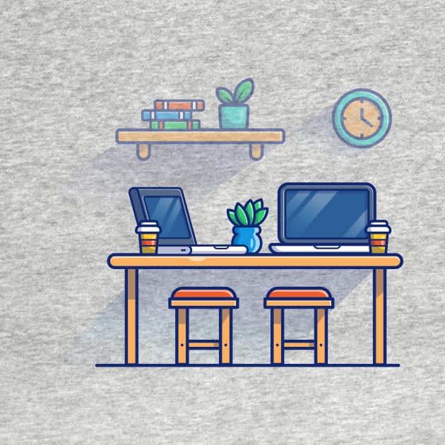 Table, Chair, Laptops, Plant, Clock, Books, And Cups Cartoon by Catalyst Labs